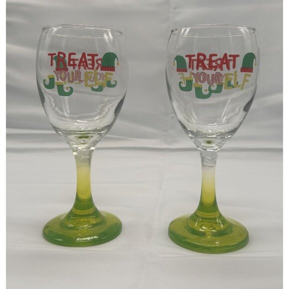 Cristar Set-2 "Treat Your Elf" Holiday Wine Glasses With Green Ombre Stems - Picture 1 of 4